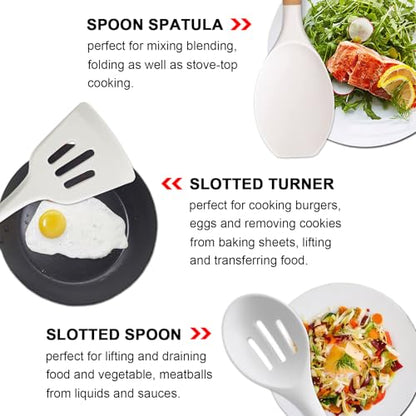 Kitchen Cooking Utensils Set 6Pcs Non-Stick Silicone Kitchen Utensils Spatula Spoon Turner Ladle Pasta Server, Heat Resistant Wooden Handle Silicone Cooking Gadgets Sets for Cookware & Baking - color: White, size: Standard 6-Piece Set