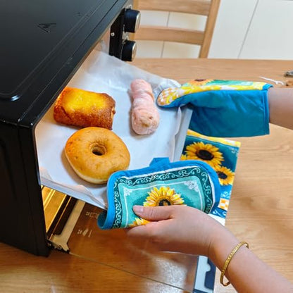 PXIYOU Oven Mitts and Pot Holders 6pcs Set, Sunflower 2 Dish Towels 2 Farmhouse Cooking Mittens Oven Glove 2 Potholder Heat Resistant BBQ Gloves for Kitchen Baking Cooking Grilling Microwave