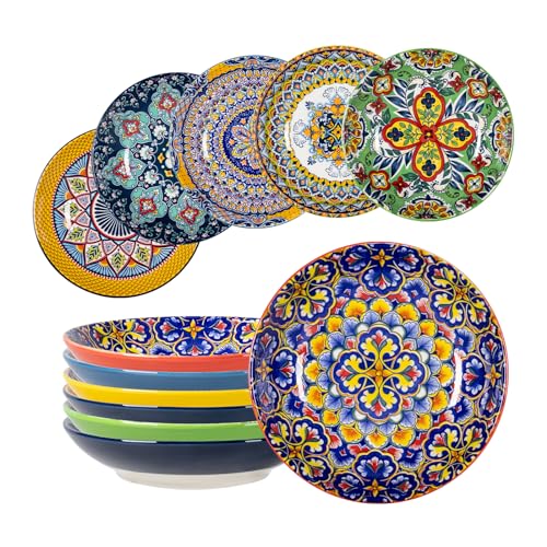 HENXFEN LEAD Boho Pasta Bowls Set of 6, 26 oz Wide Shallow Ceramic Bowls | Assorted Patterns, Ideal for Pasta, Salad, Soup, Risotto and Everyday Meals, Microwave and Dishwasher Safe - size: 26 Oz