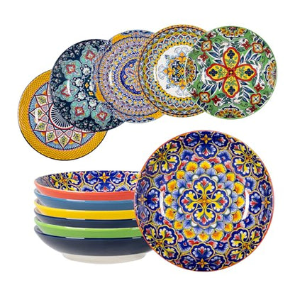 HENXFEN LEAD Boho Pasta Bowls Set of 6, 26 oz Wide Shallow Ceramic Bowls | Assorted Patterns, Ideal for Pasta, Salad, Soup, Risotto and Everyday Meals, Microwave and Dishwasher Safe - size: 26 Oz