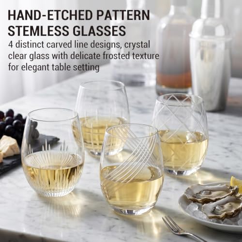 MyGift Set of 4 Modern Stemless Wine Glasses with Etched Geometric Pattern – Decorative Glass Drinkware for Wine, Cocktails, and Entertaining
