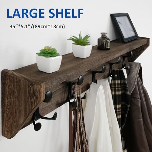 WEBI Wall Shelf with Hooks Underneath,35" Long Wall Mounted Coat Rack with Shelf,Entryway Coat Rack with 5 Triple Hooks for Hanging Coats,Jacket,Hallway,Bedroom,Mudroom,Weathered Brown - color: Weathered Brown, size: 35 Inch