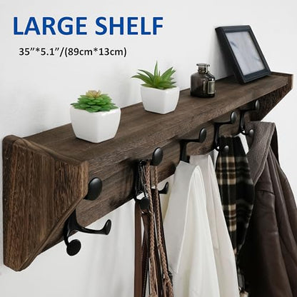 WEBI Wall Shelf with Hooks Underneath,35" Long Wall Mounted Coat Rack with Shelf,Entryway Coat Rack with 5 Triple Hooks for Hanging Coats,Jacket,Hallway,Bedroom,Mudroom,Weathered Brown - color: Weathered Brown, size: 35 Inch