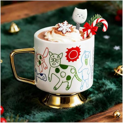 Christmas Mugs Whimsical Animal Ceramic fun Coffee Mug – 14oz Childlike Hand-Drawn Cat, Dog & Bear Design – Cute gothic Coffee Cup Gift for Women, Girls, Kids (white) - color: White