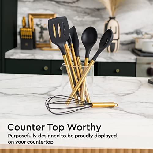 Styled Settings Black and Gold Kitchen Utensils Set, 6-Piece | Silicone Utensils Set Include Tongs, Whisk, Serving Spoon, Spatula, & Turner for Stylish Cooking - Gold Kitchen Accessories - color: Black & Gold