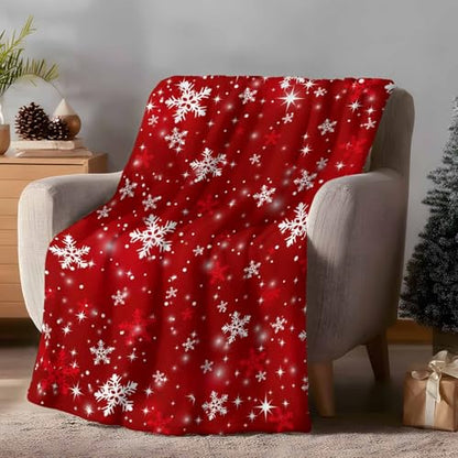 Christmas Throw Blanket, Red White Snowflakes Super Soft Warm Flannel Blankets for Bed Couch Sofa Winter Shiny Stars Xmas Snow Red Lightweight Fluffy Plush Bed Throws 50x60 Inch - color: Red, size: 50''x60''