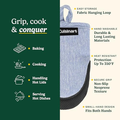 Cuisinart Mini Oven Mitts, 2-Pack, Neoprene Grip, Heat Resistant 350F | Cotton-lined, non-slip neoprene palm, ambidextrous design, ideal for smaller hands and everyday cooking - color: Light Blue