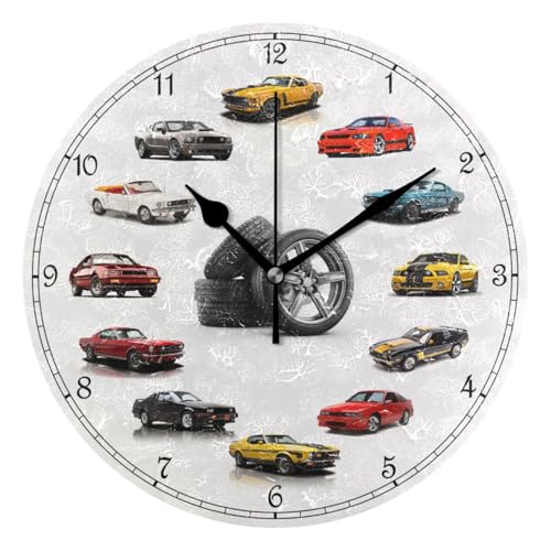 Cars Round Wall Clock Silent Non Ticking Bathroom Clocks 10 Inch Battery Operated Clock for Kitchen Living Room Bedroom Home Decor - color: A005