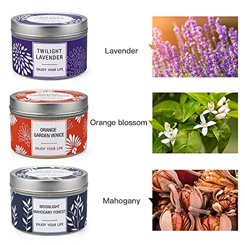 Scented Candle Gift Set for Women, 3 Pack Large Soy Wax Candles in Tins, 6.2 oz Each, 30-35 Hr Burn, Lavender, Orange Blossom & Mahogany Woods - size: Large 3-Tin Candle Set