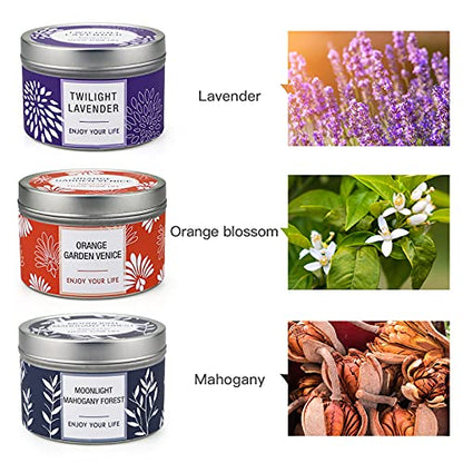 Scented Candle Gift Set for Women, 3 Pack Large Soy Wax Candles in Tins, 6.2 oz Each, 30-35 Hr Burn, Lavender, Orange Blossom & Mahogany Woods - size: Large 3-Tin Candle Set