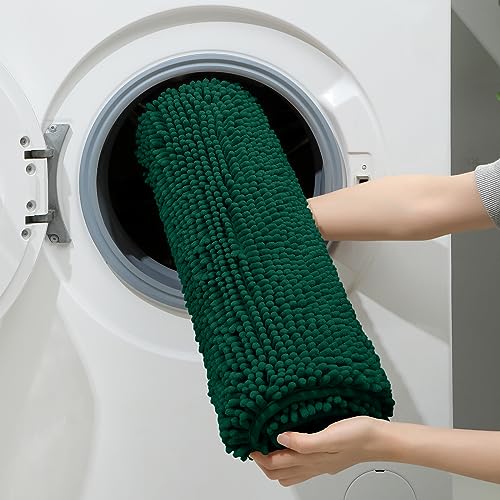HOMEIDEAS 3 Pieces Bathroom Rugs, Ultra Soft Non Slip Absorbent Chenille Toilet Bath Mat Set (Dark Green) - color: Green-dark Green, size: 17"x24"+20"x32"+U Shape 20"x24"