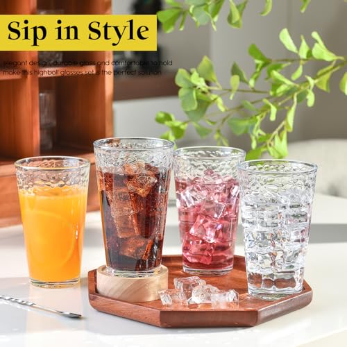 ALINK 16 oz Drinking Glasses, Set of 6 Hammered Glass Cups, Clear Heavy Base Stemmed Highball Water Glasses for Beer, Iced Coffee Cups, Cocktail Glasses, Wine, Iced Tea, Dishwasher Safe - style: Hammered