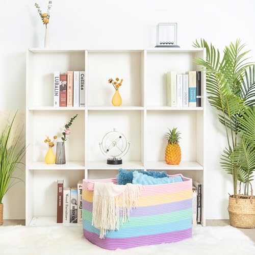 22in Extra Large Blanket Basket Holder Living Room, Rectangle Rope Woven Storage Basket with Handles for Laundry, Pool Towels, and Shoes, Dog Toy Organizer Bin Box, Pastel Rainbow