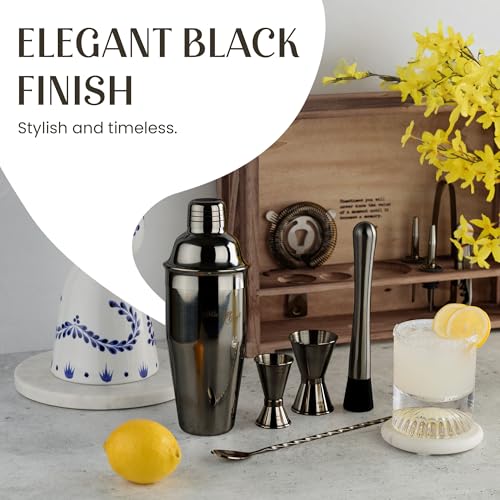 Mixology & Craft Rustic Cocktail Shaker Set – Includes Wood Stand, Complete Barware Kit with 24 Oz Shaker, Dual Jiggers, Pourers, Muddler, Strainer – Perfect for Home Bartenders (Gun-Metal Black) - color: Gun-metal Black