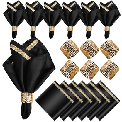 12 Pack Cloth Napkins and Gold Napkin Rings Set of 6, 17x17 Bling Trim Satin Cocktail Napkins Cloth Washable Personalized Dinner Napkins for Wedding Party Holiday Decorative | 17x17 Inch Personalized Black Napkins Set, Washable Fancy Dinner & Cocktail Nap