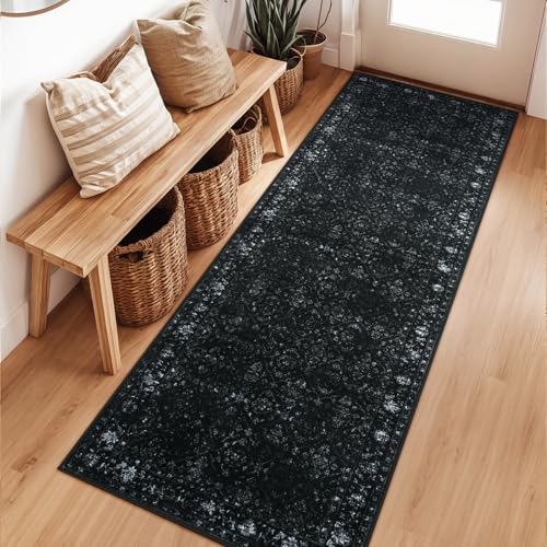 Hedlive Vintage Black Kitchen Runner Rug, 2x6 Washable Runners for Hallways Non Slip, Ultra-Thin Floor Carpet Runners for Hallway 6 ft Entryway Laundry Bedroom Bathroom(2'x6', Black) - color: Black, size: 2' x 6' (Runner)