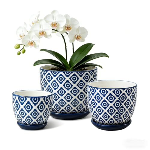 3.5"+4.6"+5.6" Ceramic Pots for Indoor Plants Set of 3 | Flower Pots with Drainage Holes and Saucers - Succulents Plant Pots for Orchid, Cactus, Pothos, Herbs, Vintage Blue, Dot - color: Vintage Blue - Dot
