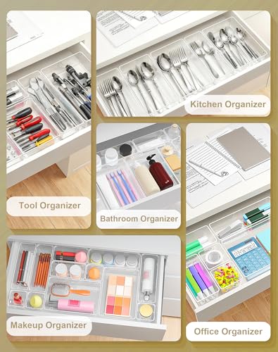 15Pcs Clear Plastic Drawer Organizers Set, 4size makeup drawer organizer trays for vanity/desk/bathroom/office/nightstand/gadgets for kitchen/desk drawer, Versatile drawer divider storage bins - size: 15 Pcs