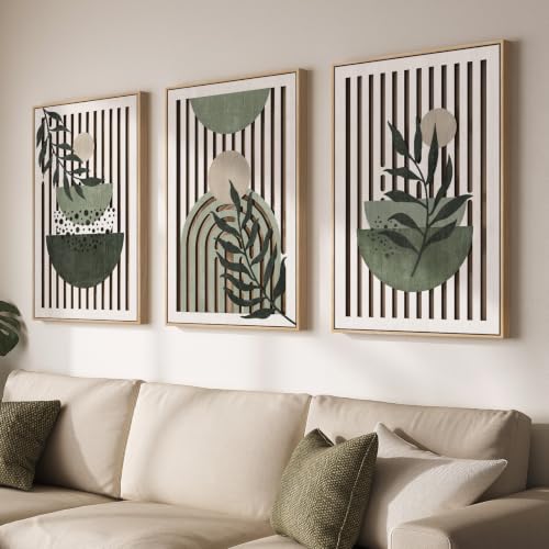 Framed Boho Wood Wall Art Decor for Living Room, 3 Piece Cutout Carved Wooden Artwork for Walls, Large Sage Green Neutral Modern Minimalist Painting for Dining Room Bedroom Wall Decor, 24x36 Inch - color: Sage Green
