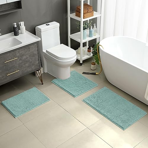 HOMEIDEAS 3 Pieces Bathroom Rugs, Ultra Soft Non Slip Absorbent Chenille Toilet Bath Mat Set (Eggshell Blue) - color: Blue-eggshell Blue, size: 17"x24"+20"x32"+U Shape 20"x24"
