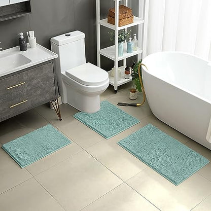 HOMEIDEAS 3 Pieces Bathroom Rugs, Ultra Soft Non Slip Absorbent Chenille Toilet Bath Mat Set (Eggshell Blue) - color: Blue-eggshell Blue, size: 17"x24"+20"x32"+U Shape 20"x24"