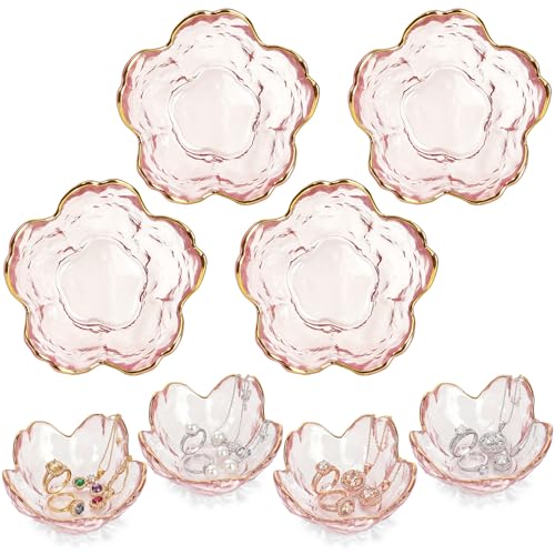 4 Pack Glass Jewelry Dish Small Flower Ring Holder Trinket Tray for Earrings Key Vanity Decor for Women Wedding Gift - color: Pink, style: Glass