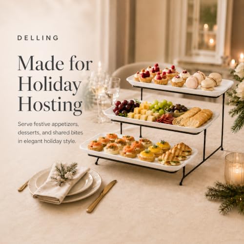 Delling Large 3 Tier Serving Tray Set, 14 Inch Tiered Serving Stand, Sturdier Rack with 3 Porcelain Serving Platters, Suitable for Dessert Table Display Set, Serving Dishes for Entertaining - size: 14 inch