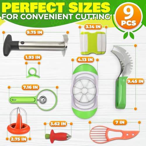 9 Pcs Fruit Slicer Set – Pineapple Corer and Slicer, Watermelon Cutter, Strawberry Huller, Apple Cutter, Avocado, Kiwi Tool and More – Stainless Steel Fruit Cutting Tools for Summer Parties and BBQs