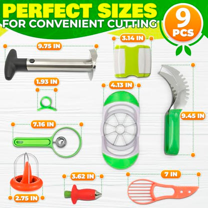 9 Pcs Fruit Slicer Set – Pineapple Corer and Slicer, Watermelon Cutter, Strawberry Huller, Apple Cutter, Avocado, Kiwi Tool and More – Stainless Steel Fruit Cutting Tools for Summer Parties and BBQs