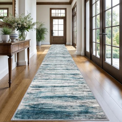 KOZYFLY Modern Abstract Hallway Runner Rug, 2.6x20 Washable Rug Runner Non-Slip Soft Striped Stair Runner Rugs, Print Blue Carpet Runner for Kitchen Entryway Bathroom Laundry Room Foyer - color: Blue, size: 2'8" x 20' (Runner)