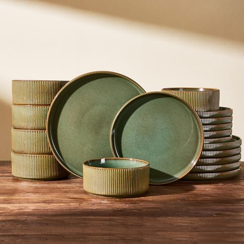 Ceramic Plates & Bowls Sets for 6, Handmade Reactive Glaze | Moss Green, 18-Piece Stoneware Dinnerware, Ribbed Dishes, Everyday Use, Microwave & Dishwasher Safe, Chip & Scratch Resistant - color: Moss Green, size: Service for 6 (18pc)
