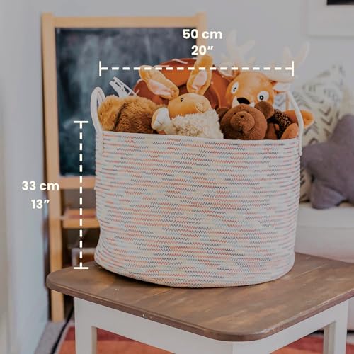 OrganiHaus Round Toy Basket & Blanket Basket, Cotton Rope 20x13" | Stitches Rainbow - Round Cotton Rope Basket, 20x13" - color: Stitches Rainbow, size: Wide