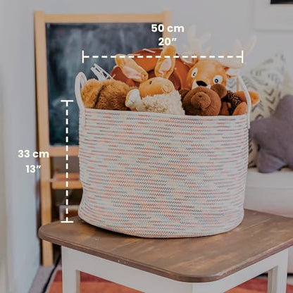 OrganiHaus Round Toy Basket & Blanket Basket, Cotton Rope 20x13" | Stitches Rainbow - Round Cotton Rope Basket, 20x13" - color: Stitches Rainbow, size: Wide