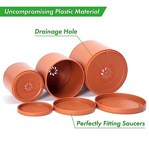 D'vine Dev 3-Pack Plastic Pots & Saucers, 4/5/6 in, Terracotta, 74-V-C-1 | Multi-Size Options, Lightweight Durable, Matte Finish, Cylinder Shape, Drainage Holes, Sleek Design, Detachable Saucer - color: Terracotta, size: Small