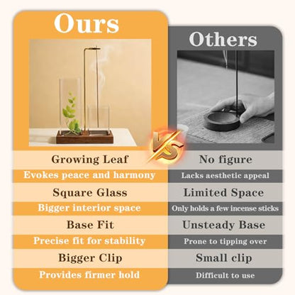 2 in 1 Upside Down Incense Holder Wooden Glass Burner Ash Catcher & Storage | Ash-proof upside-down 2-in-1 incense holder with glass catcher, wood base, storage, free brush, for yoga meditation spa decor