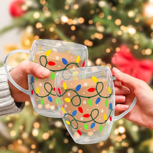 JarThenaAMCS Christmas Double Wall Glass Coffee Mugs 12Oz Colorful Xmas Light Bulb Insulated Glasses Clear Espresso Cups with Handle for Winter Holiday Supplies, Set of 2 - style: Colorful Xmas Light Bulb