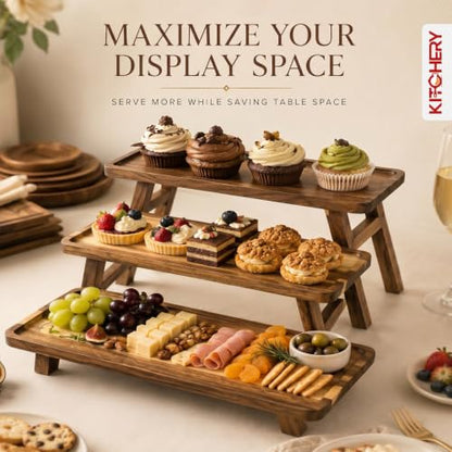 3 Tier Foldable Serving Tray, Acacia Wood Tiered Serving Stand for Parties, Lightweight Wooden Dessert Table Display Set for Charcuterie, Fruit, Cupcakes, Appetizers, Brown