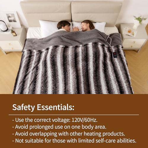 Bearhug Electric Blanket Full Size 77" x 84", 10 Heat Settings Heated Blanket, 1-12 Hour Auto Shut-Off, Faux Fur & Sherpa Dual-Sided Heating Blanket, Machine Washable, Gift-Ready Elegant Packaging - color: Cocoa Fade Stripe, size: Full Size 77" x 84"