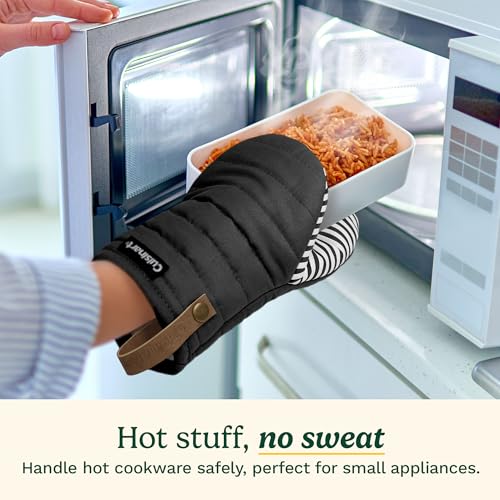 Cuisinart Mini Oven Mitts, 2-Pack 5.5"x8", Printed Silicone, 450F | Non-slip grip stripes, faux leather hang loop, cotton lining for comfort, ambidextrous for baking, cooking, and cast iron - color: Black