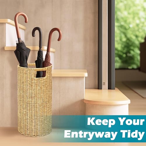 Rattan Umbrella Holder 21" H X 10" D, Handmade Wicker Umbrella Stand Indoor with Dip Tray, Sturdy Umbrella Holders for Entryway, Umbrella Bucket Fits Mudroom,Walking Canes,Home,Office (Oak) - color: Oak