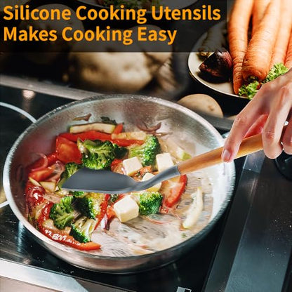 Silicone Cooking Utensils Set, 12Pcs Large Heat Resistant Kitchen Utensils, Turner Tongs, Spatula, Spoon, Wooden Handle Kitchen Gadgets with Holder for Nonstick Cookware, Dishwasher Safe (Grey) - color: Gray