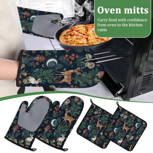 Deer Mushroom Forest Oven Mitts and Pot Holders Sets 4 Pcs Wild Animal Botanical Silicone Kitchen Gloves Heat Resistant Potholders for Baking Grilling BBQ - color: Deer Owl Rabbit