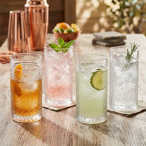 Highball Glasses Set of 4 Herringbone, 15.5 oz Tall Drinking Glasses, Elegant Textured Premium Glassware Tumblers for Water, Juice, Cocktails, Everyday use Vintage Style Beverage Glass Set