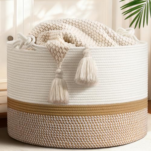 22"x22"x14" Large Blanket Basket, Home Décor for Living Room Bedroom, Cotton Rope Laundry Basket for Clothes Pillows, Baby Fall Decorations for Home Toy Storage, White & Camel - color: White & Mix Camel, size: 83L (22"W x 14"H)