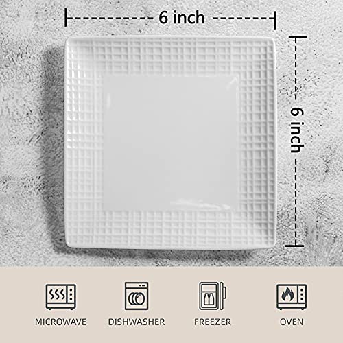 Square Dinner Plates, Set of 6, 6 Inch White Ceramic, Embossed Crisscross, Safe for Dishwasher, Microwave and Oven - color: 6 inch-White- Crisscross-6pcs