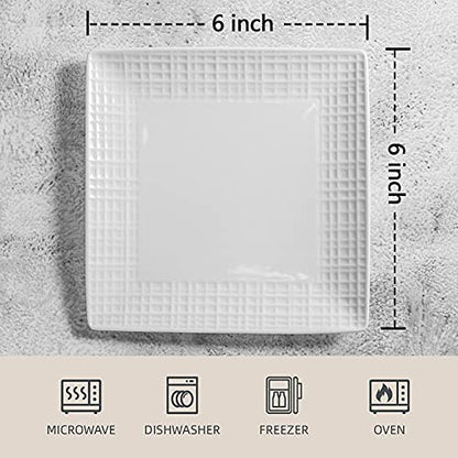 Square Dinner Plates, Set of 6, 6 Inch White Ceramic, Embossed Crisscross, Safe for Dishwasher, Microwave and Oven - color: 6 inch-White- Crisscross-6pcs