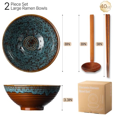 8 Inch Ceramic Ramen Bowl Set of 2, 40oz Japanese Bowls with Spoons & Chopsticks,Durable,Microwave & Dishwasher Safe,Perfect for Ramen,Pho,Salad,Soup,Noodles，Mixing bowls（Verdigris Green） - color: Verdigris Green