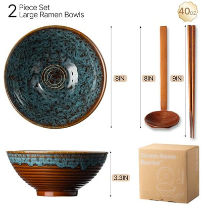 8 Inch Ceramic Ramen Bowl Set of 2, 40oz Japanese Bowls with Spoons & Chopsticks,Durable,Microwave & Dishwasher Safe,Perfect for Ramen,Pho,Salad,Soup,Noodles，Mixing bowls（Verdigris Green） - color: Verdigris Green