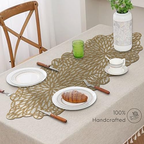 Gold Beaded Table Runner, Metallic, 13x36 | 85% glass beads, 15% polyester backing, handcrafted, shimmering metallic finish, weddings, Christmas, wipe-clean care - color: Silver Golden, size: 36"x13"