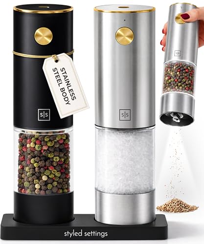 Styled Settings Rechargeable Salt and Pepper Grinder Set, Black & Silver | Electric Salt and Pepper Shaker Set with USB-C Port, LED Light, Adjustable Coarseness, One Touch Control, Automatic Mill - color: Black, Silver